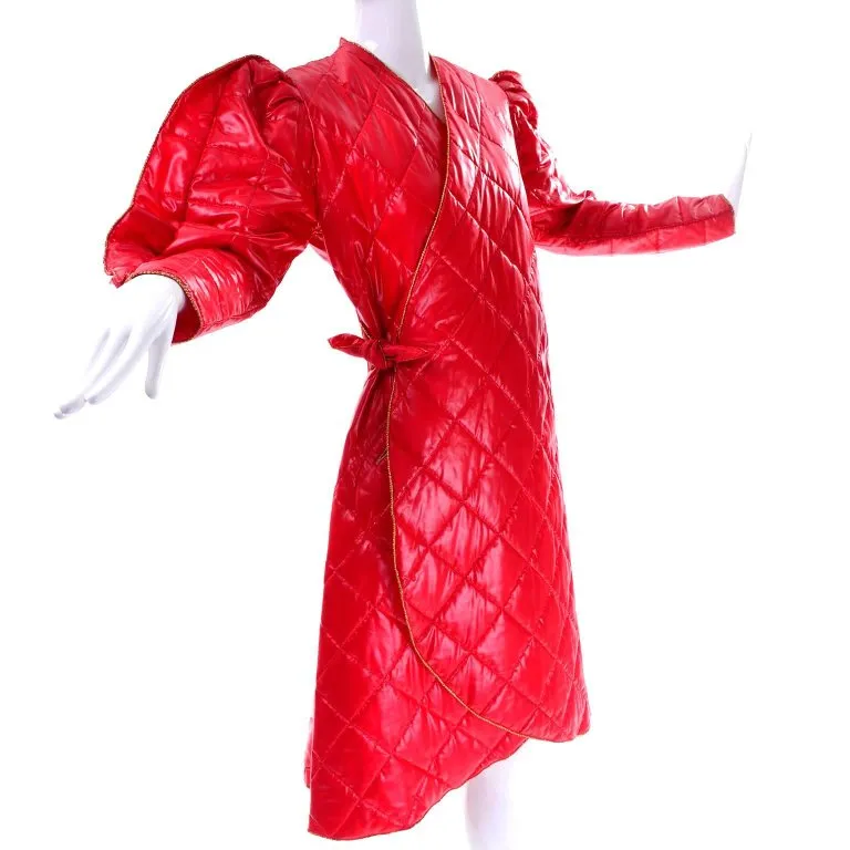 1980s Roedean Landeaux Vintage Red Quilted Coat w/ Ruffle Sleeves