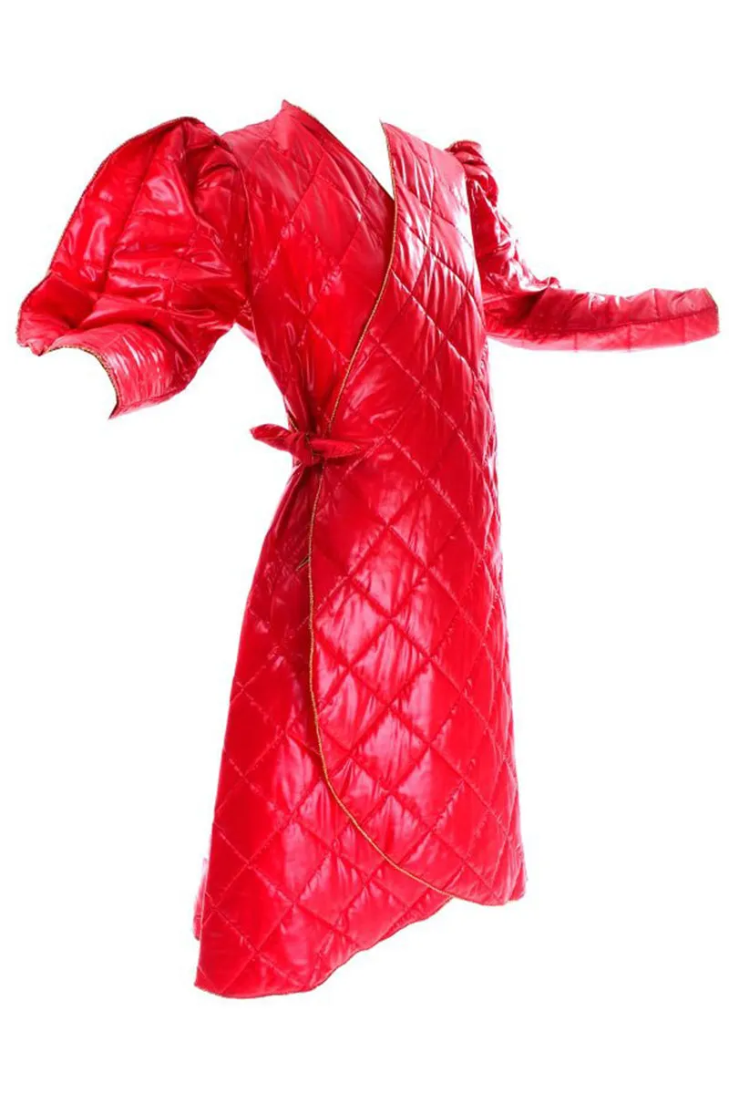 1980s Roedean Landeaux Vintage Red Quilted Coat w/ Ruffle Sleeves