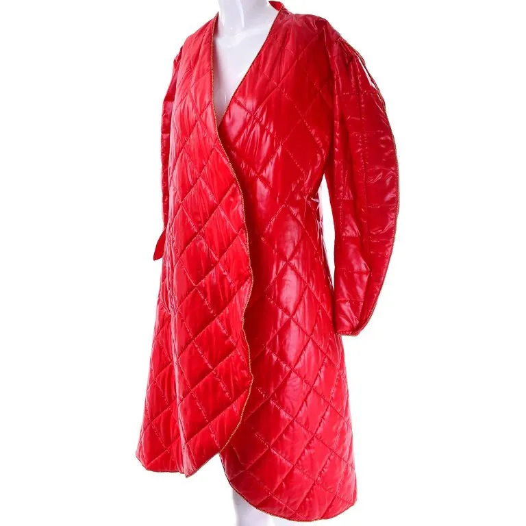 1980s Roedean Landeaux Vintage Red Quilted Coat w/ Ruffle Sleeves