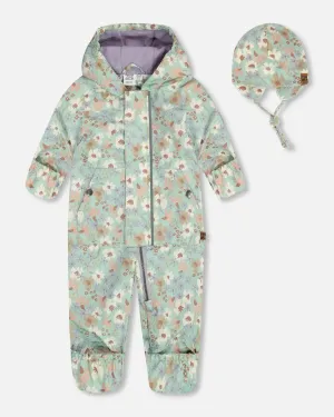 Baby Printed Mid-Season One-Piece Outerwear With Hat Small White Flowers On Turquoise And Lilac