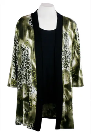 Caribe - Olive Animal Print, Black Trimmed, Long Sleeve Jacket - Duster