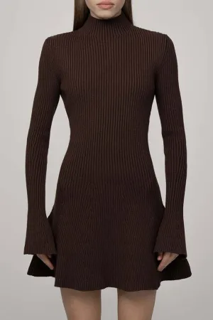 Chic High Neck Flared Long Sleeve Rib Knit Winter Sweater Mini Dress - Coffee