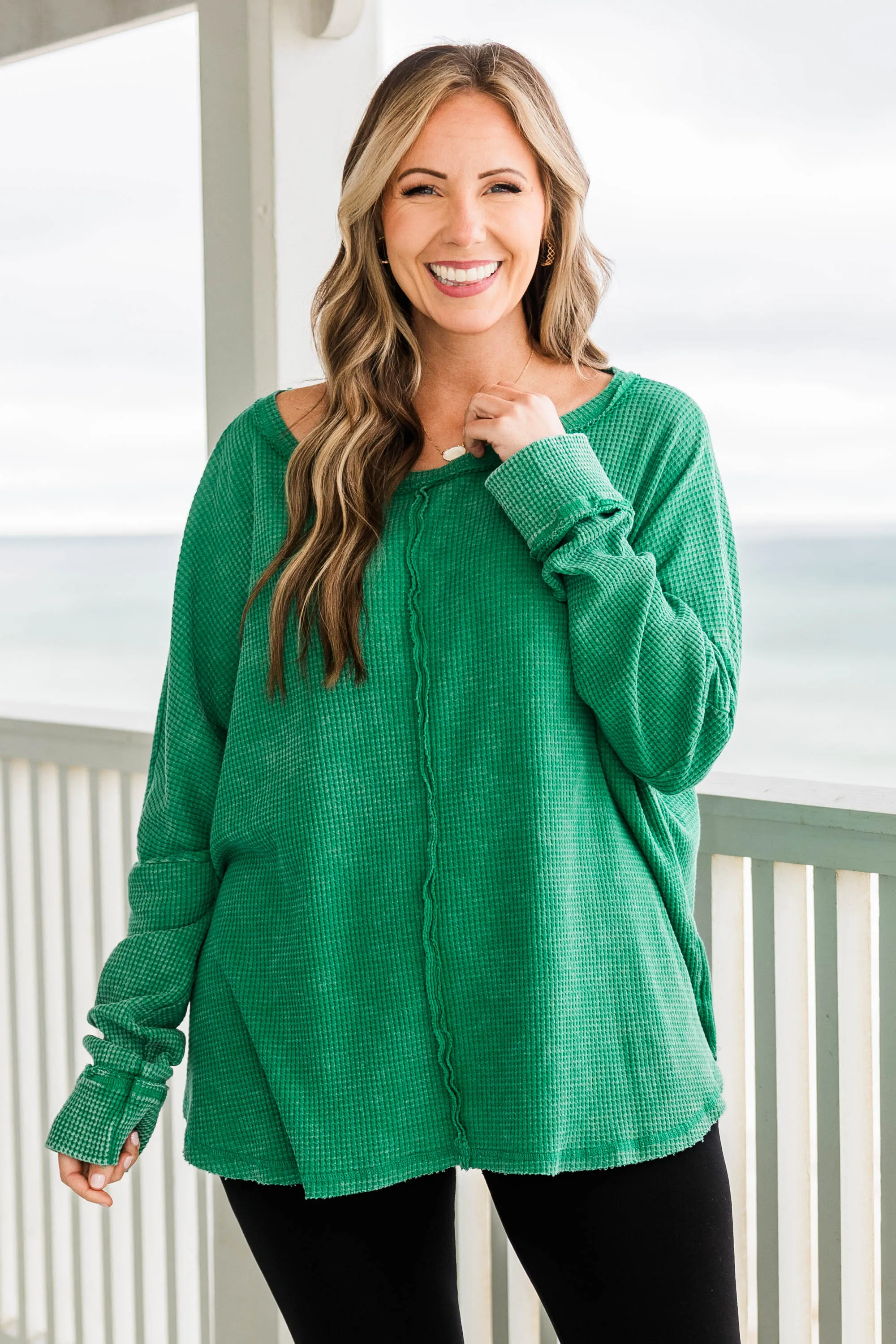 Cozy Waffle Pullover, Kelly Green