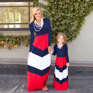 Dark Blue Long-sleeve Stitching Striped Matching Dresses