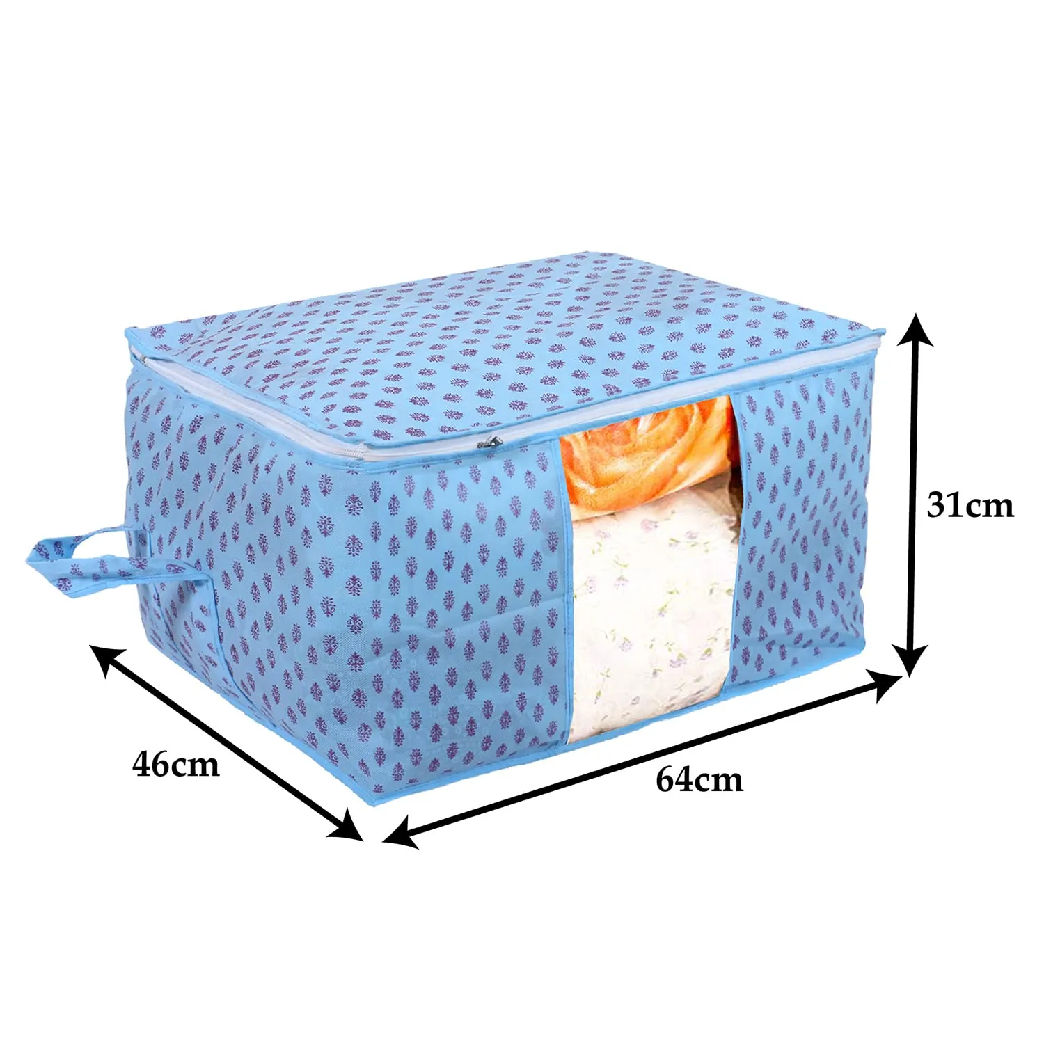 Heart Home Non-Woven Floral Print Underbed|Blanket Cover With Transparent Window, Zippered & Handle, Pack of 4 (Sky Blue)