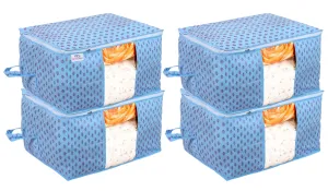 Heart Home Non-Woven Floral Print Underbed|Blanket Cover With Transparent Window, Zippered & Handle, Pack of 4 (Sky Blue)