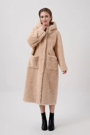 Long Faux Shearling Hooded Teddy Wool Coat