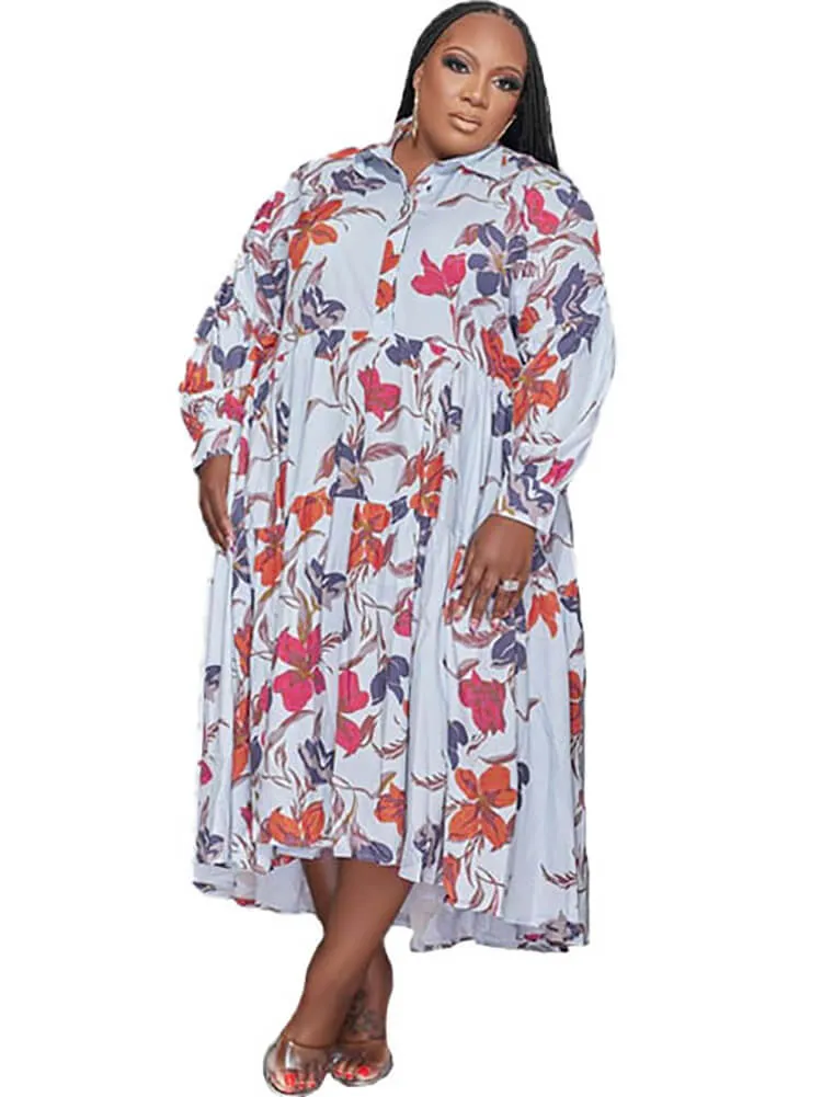 Long Sleeve Printed Colorful Midi Dresses