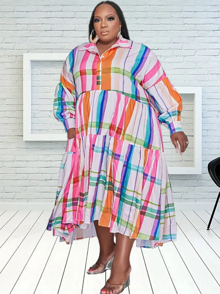 Long Sleeve Printed Colorful Midi Dresses