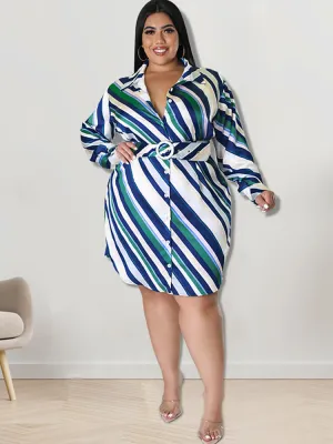 Long Sleeve Striped Mini Dresses With Belt