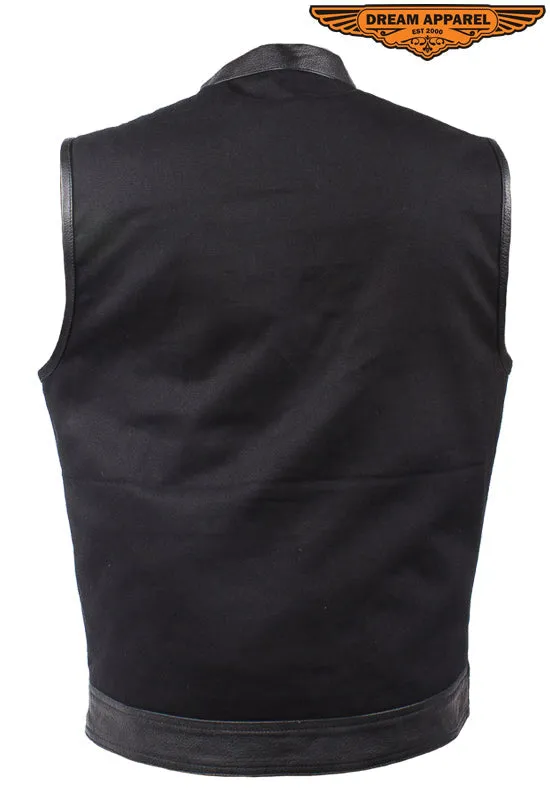 Mens Black Denim Biker Vest With Leather Trims & Front Zip Up