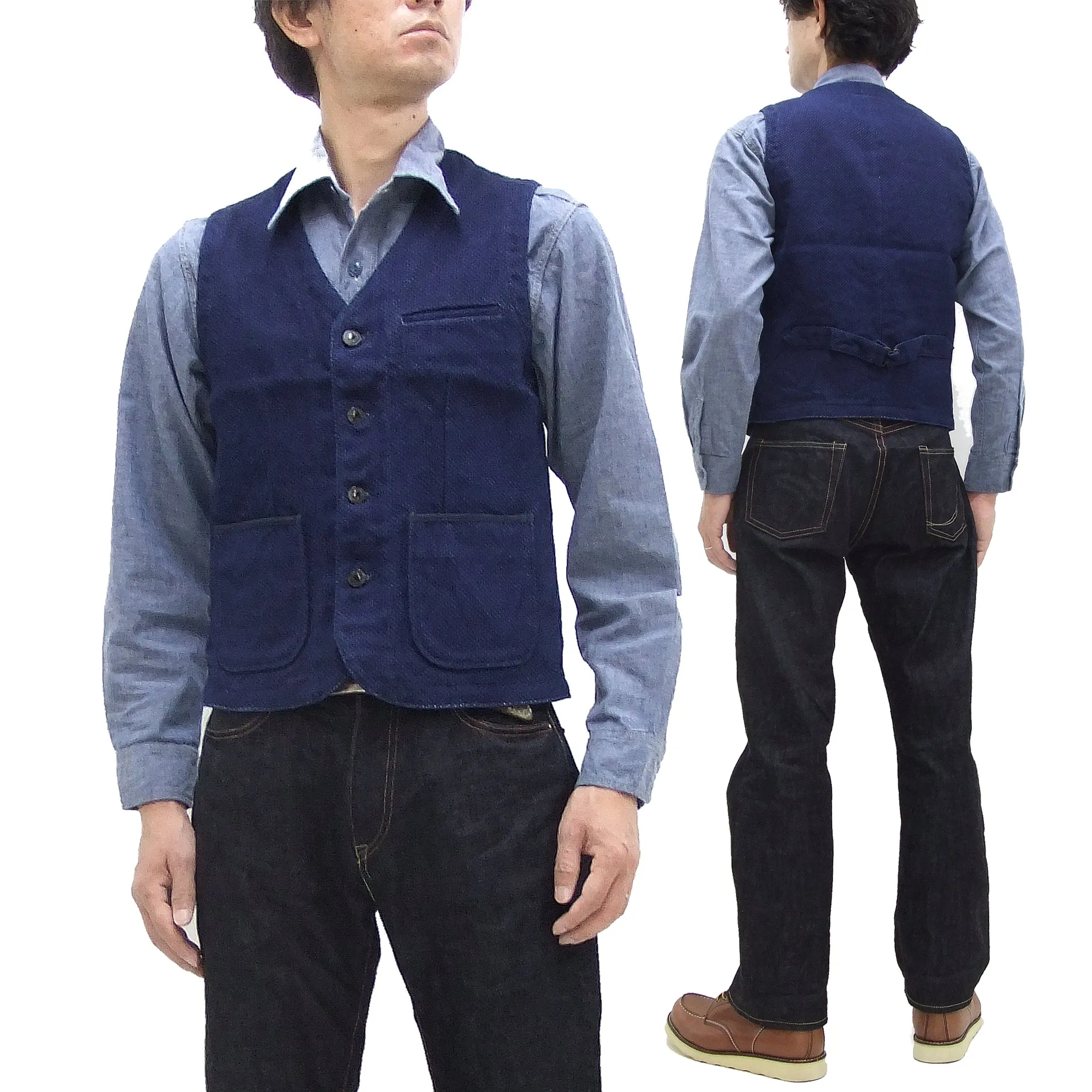 Momotaro Jeans Indigo Sashiko Vest Men's Casual V-neck Button Front Work Vest Waistcoat 04-010