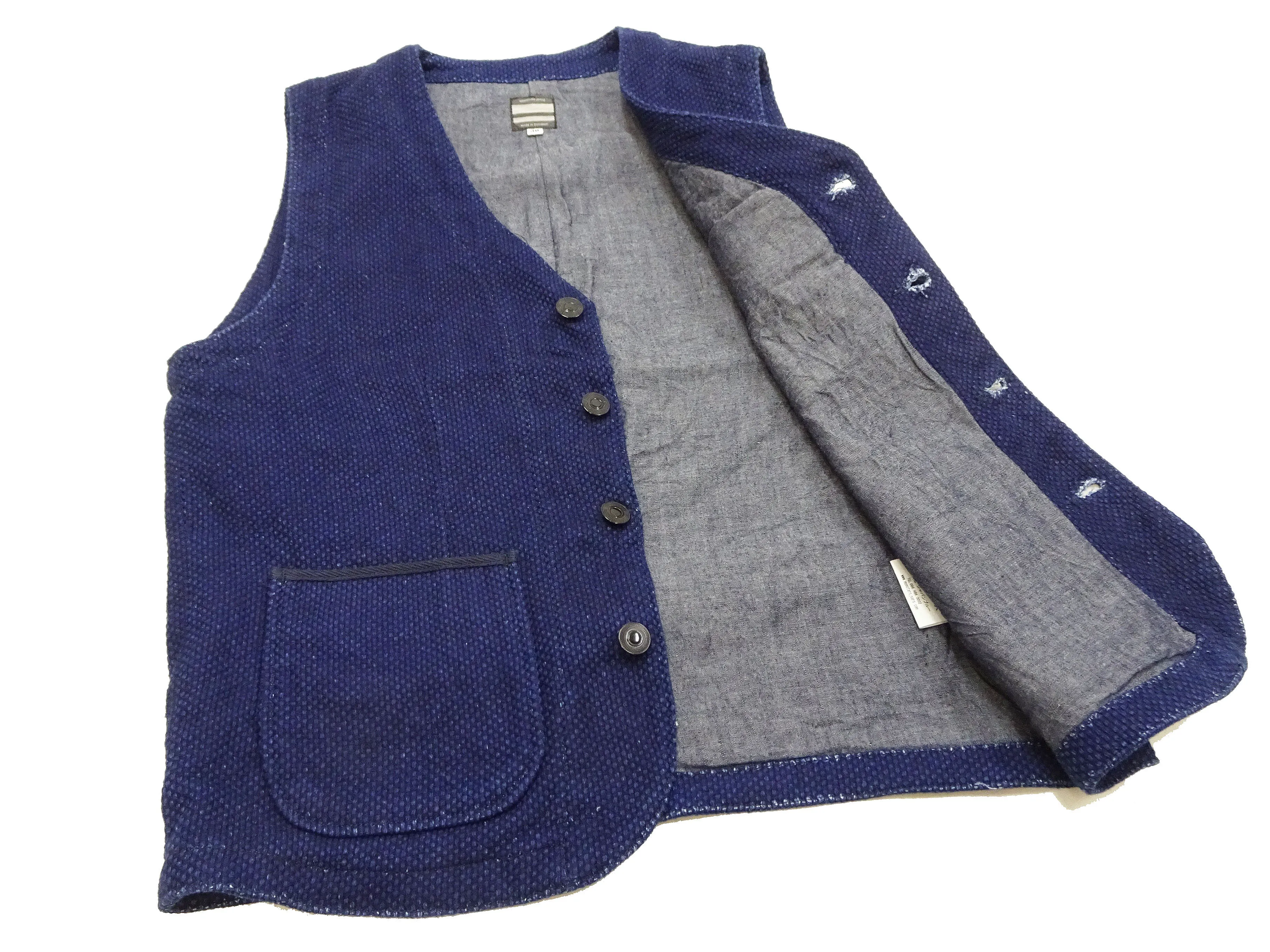 Momotaro Jeans Indigo Sashiko Vest Men's Casual V-neck Button Front Work Vest Waistcoat 04-010