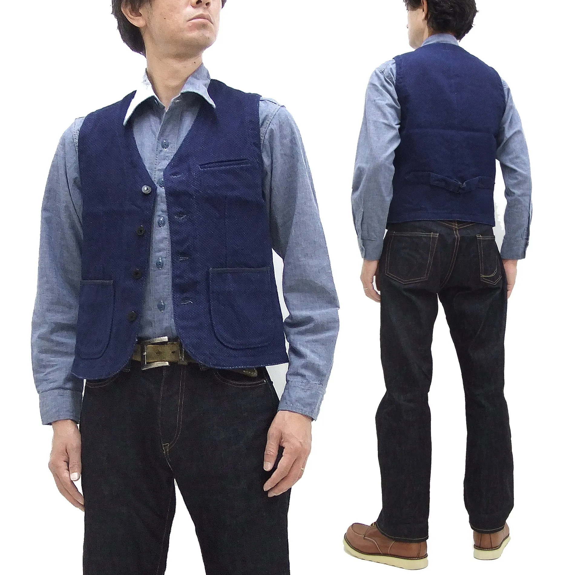 Momotaro Jeans Indigo Sashiko Vest Men's Casual V-neck Button Front Work Vest Waistcoat 04-010