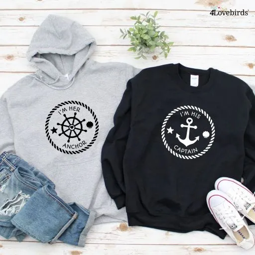 Nautical Themed Matching Outfits Set: 'I'm Her Captain, I'm His Anchor' - Perfect for Boating Enthusiasts