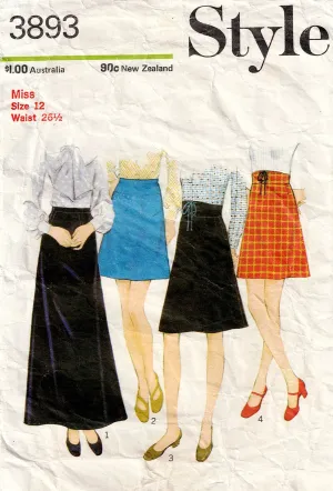 Style 3893 Womens A Line Skirts with Shaped Waistband 1970s Vintage Sewing Pattern Size 12 Waist 26.5 Inches