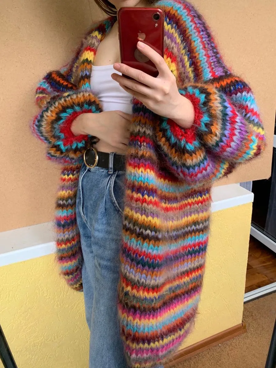 Warm Color Striped Women'S Sweater Coat