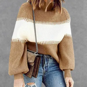 Women Patchwork Striped  Autumn Winter Turtleneck Lantern Sleeve Warm